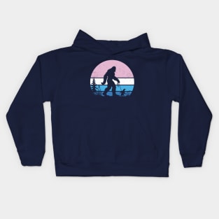 Bigfoot Sasquatch Walking A Penguin Vintage Sunset Seabird Kids Hoodie